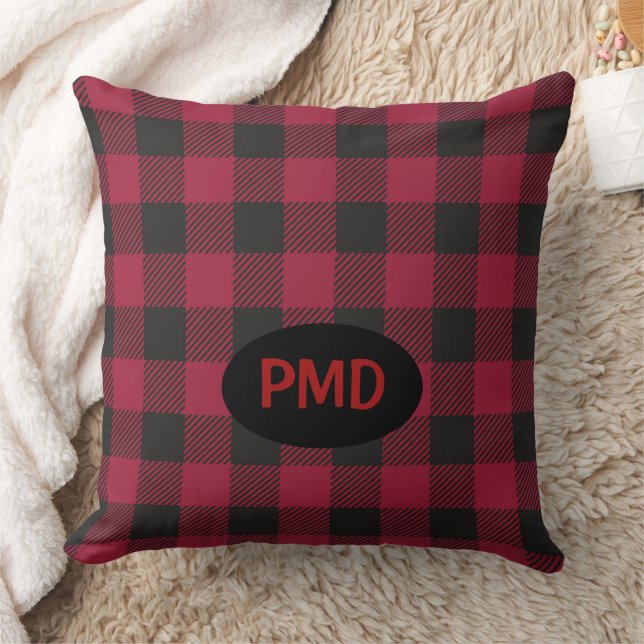 Red Black Buffalo Plaid Monogram Initials Cushion (Blanket)