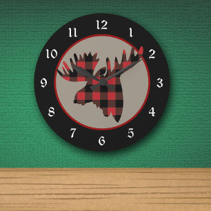 Red Black Buffalo Plaid Moose Head Round Clock