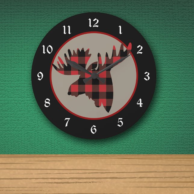 Red Black Buffalo Plaid Moose Head Round Clock (Creator Uploaded)