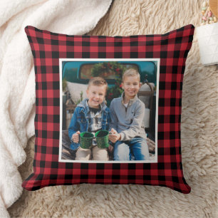 Red Black Buffalo Plaid Photo Christmas Cushion