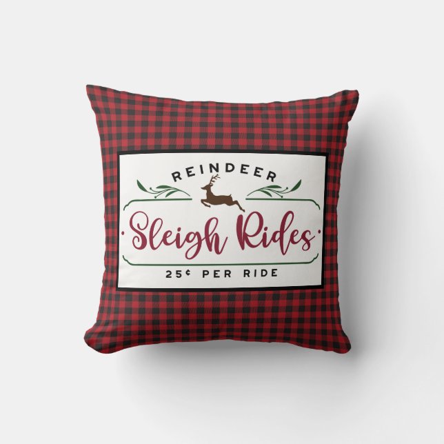 Red Black Buffalo Plaid - Reindeer Sleigh Rides Cushion (Front)