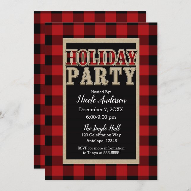 Red Black Buffalo Plaid Rustic Holiday Party Invitation (Front/Back)