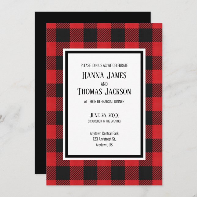Red Black Buffalo Plaid Rustic Rehearsal Dinner Invitation (Front/Back)