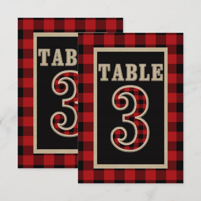 Red & Black Buffalo Plaid Rustic Table Number 3 (Front/Back)