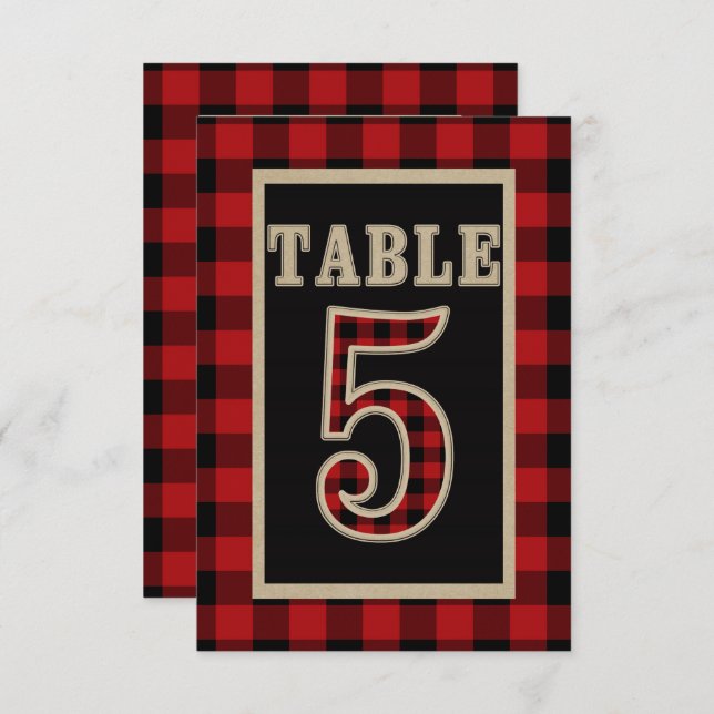Red & Black Buffalo Plaid Rustic Table Number 5 (Front/Back)
