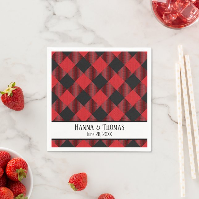 Red Black Buffalo Plaid Rustic Wedding Napkin (Insitu)