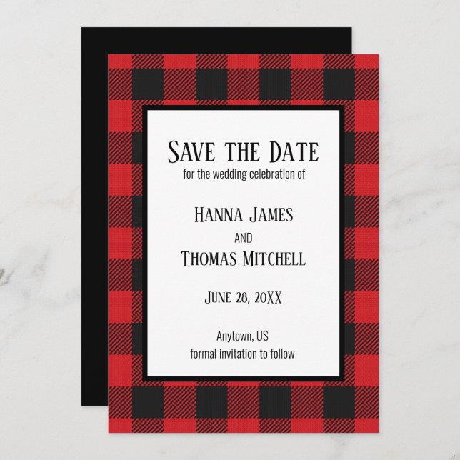 Red Black Buffalo Plaid Rustic Wedding Save The Date (Front/Back)