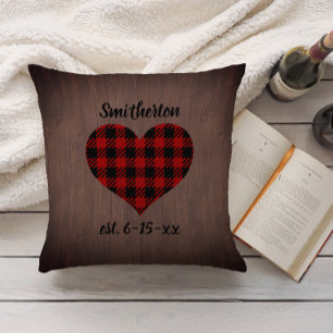 Red Black Buffalo Plaid Rustic Wood Heart Family Cushion