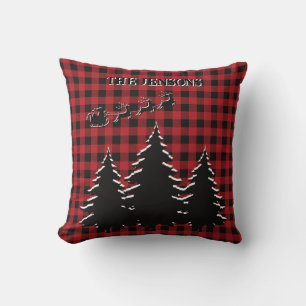 Red - Black Buffalo Plaid Santa Silhouette Forest Cushion