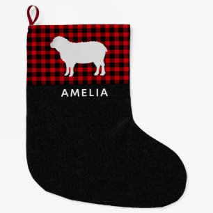 Red & Black Buffalo Plaid Sheep Personalised Large Christmas Stocking