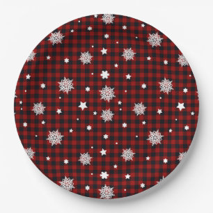 Red Black Buffalo Plaid Snowflake Winter Christmas Paper Plate