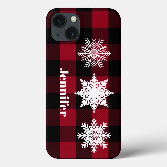 Red, Black Buffalo Plaid, Snowflakes Cell Case (Back)
