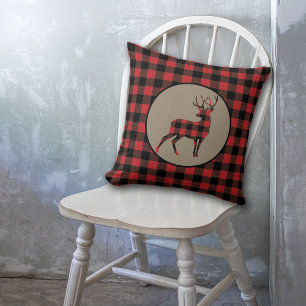 Red Black Buffalo Plaid Standing Deer Buck Cushion