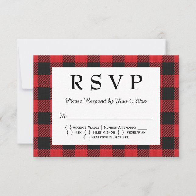 Red Black Buffalo Plaid Wedding RSVP Card (Front)