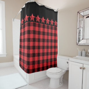 Red & Black Buffalo Plaid with Red Stars Shower Curtain