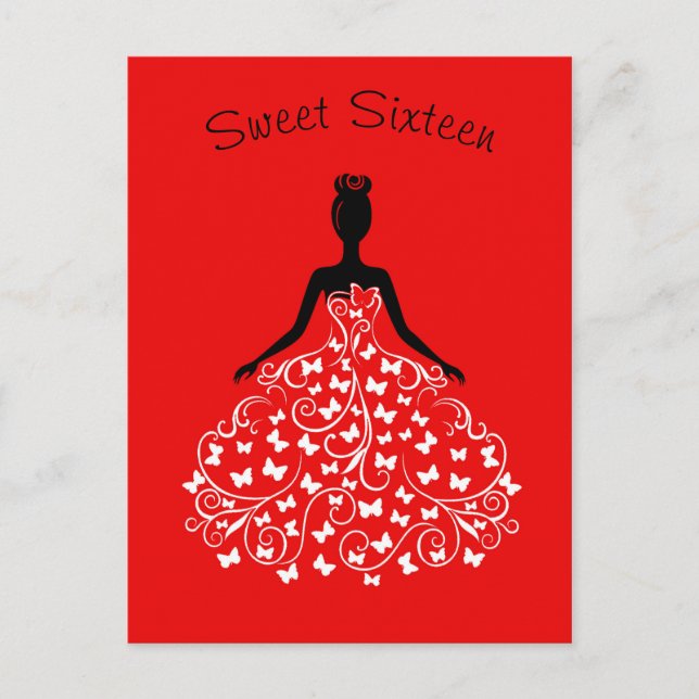 Red Black Butterfly Gown Sweet Sixteen Invitation Postcard (Front)