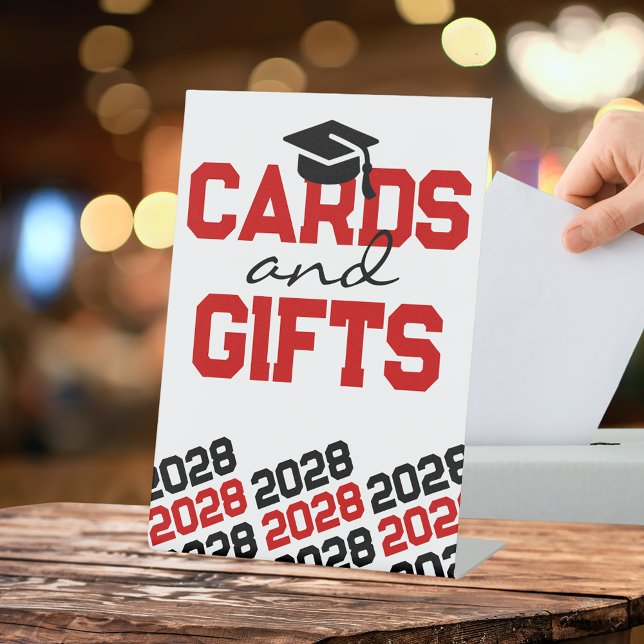 Red & Black Cards & Gifts Graduation Table Pedestal Sign (Graduation Cards & Gits Table Pedestal Sign in Red and Black on White)