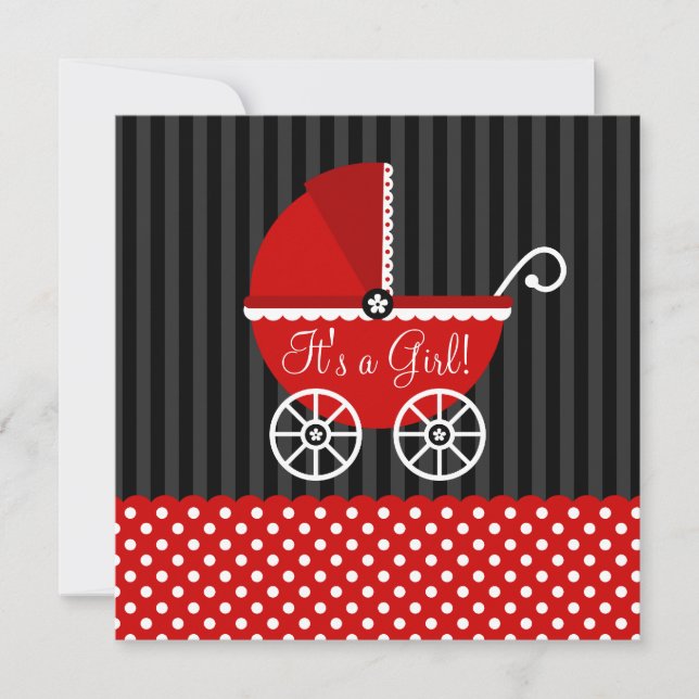 Red Black Carriage Dots Girl Baby Shower Invitation (Front)