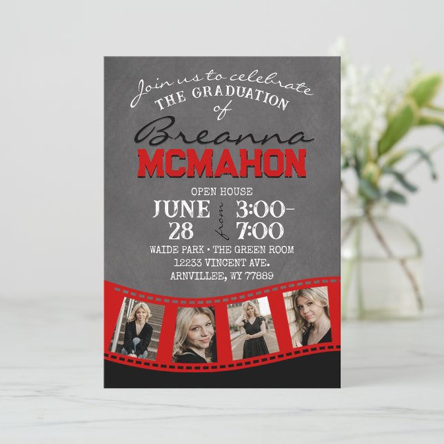 Red & Black Chalkboard Photo Filmstrip Graduation Invitation (Creator Uploaded)