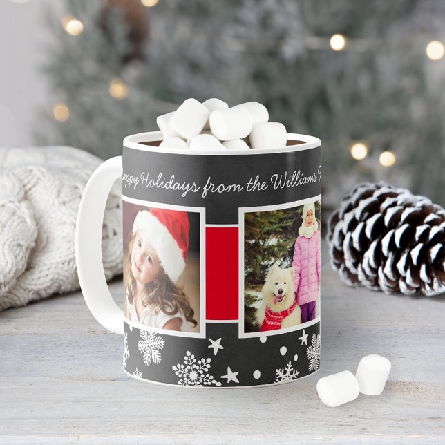 Red Black Chalkboard Three Photo Collage Christmas Coffee Mug (Creator Uploaded)
