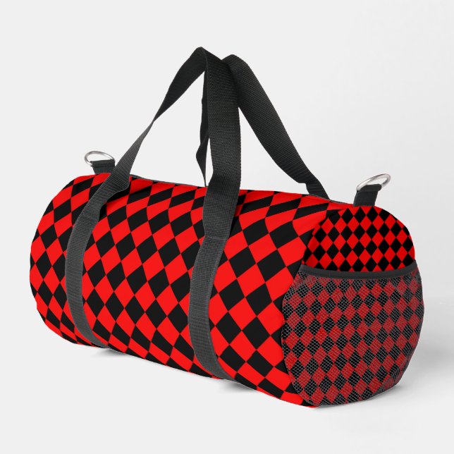 Red Black Checker Diamond Pattern Small Duffle Bag (Right Corner)