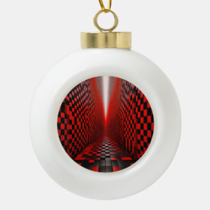 Red & Black Checkerboard Hallway With Light Ceramic Ball Christmas Ornament
