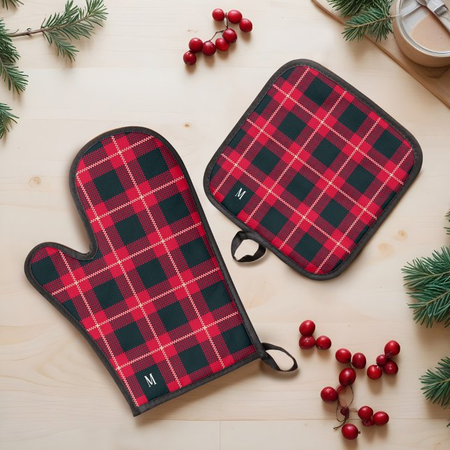 Red & Black Chequerboard Buffalo Plaid Monogram Oven Mitt & Pot Holder Set (Red & Black Checkerboard Buffalo Plaid Monogram Oven Mitt & Pot Holder Set)