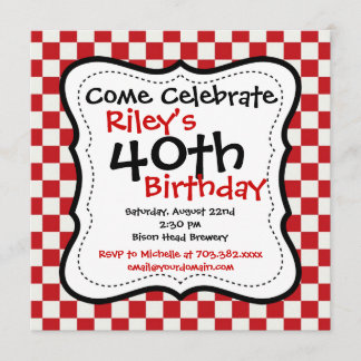 Red Black Chequered 40th Birthday Party Invitation