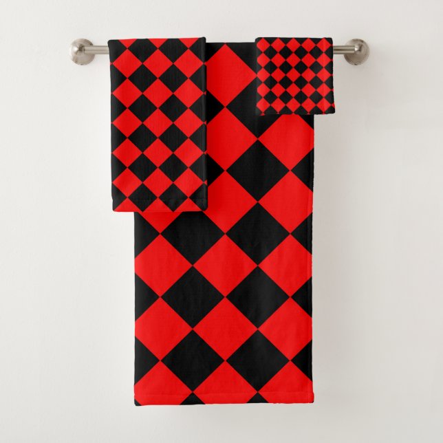 Red Black Chequered Diamond Pattern  Bath Towel Set (Insitu)