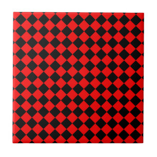 Red Black Chequered Diamond Pattern Ceramic Tile