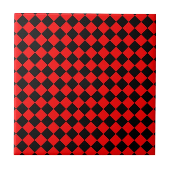 Red Black Chequered Diamond Pattern Ceramic Tile (Front)