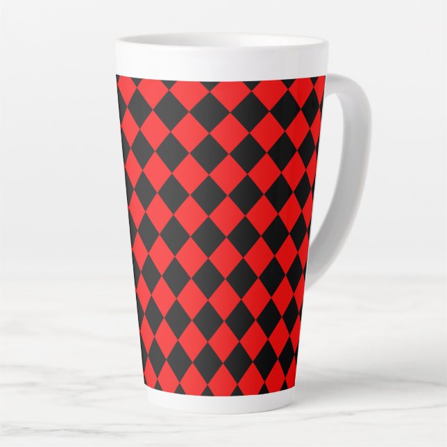 Red Black Chequered Diamond Pattern Latte Mug (Right Angle)