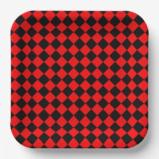 Red Black Chequered Diamond Pattern Paper Plate (Front)
