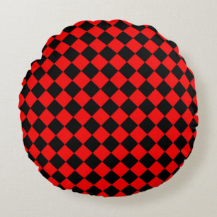 Red Black Chequered Diamond Pattern Round Cushion