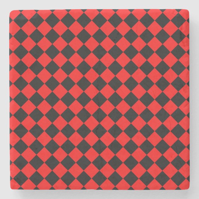 Red Black Chequered Diamond Pattern Stone Coaster (Front)