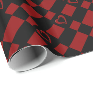 Red & Black Chequered Heart Pattern Wrapping Paper