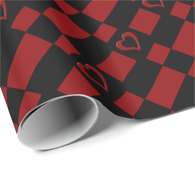Red & Black Chequered Heart Pattern Wrapping Paper (Roll Corner)