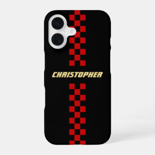Red Black Chequered Racing Flag Gold Monogrammed iPhone 16 Case