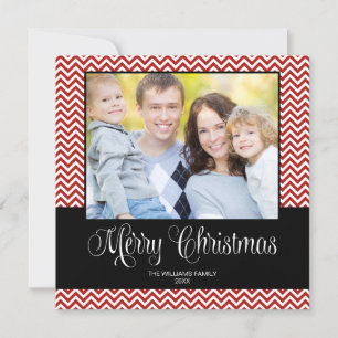 Red Black Chevron Christmas Square Photo Card