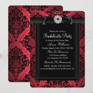 Red & Black Chic Damask Bachelorette Party Invitation