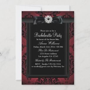 Red & Black Chic Damask Bachelorette Party Invitation