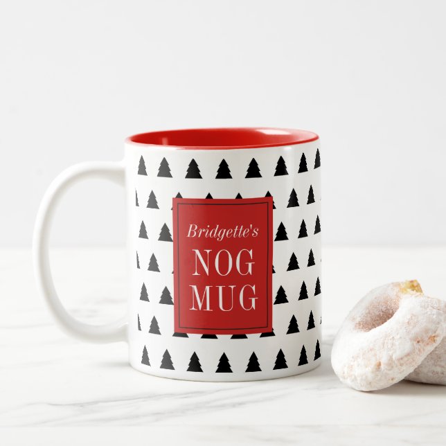 Red Black Christmas Tree Patterned Personalised Two-Tone Coffee Mug (With Donut)