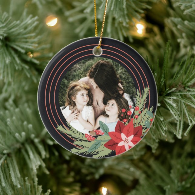 Red Black Circle Christmas Photo Poinsettia Floral Ceramic Ornament (Tree)