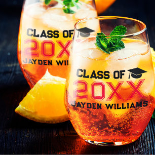 Red Black Class of 2025 Custom Men Graduation Stemless Wine Glass