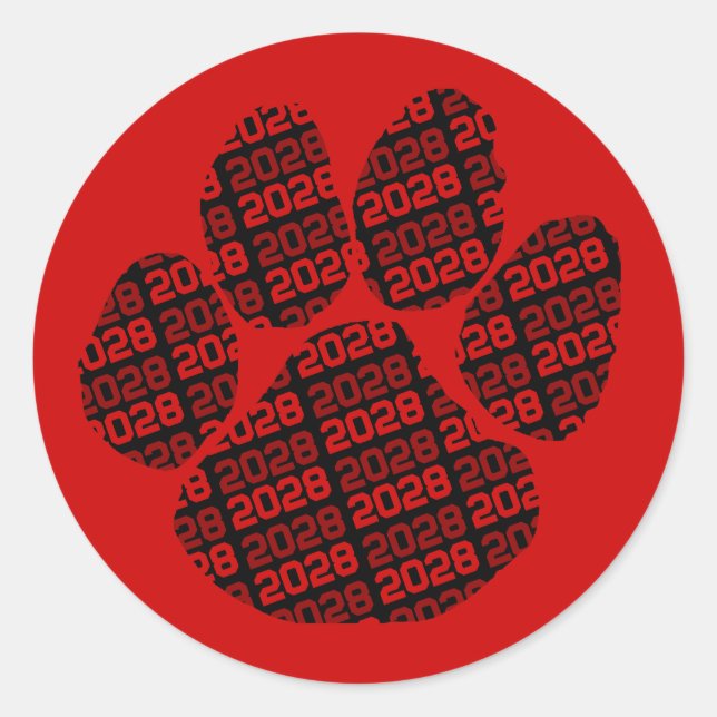 Red & Black Class Year Pawprint Classic Round Sticker (Front)