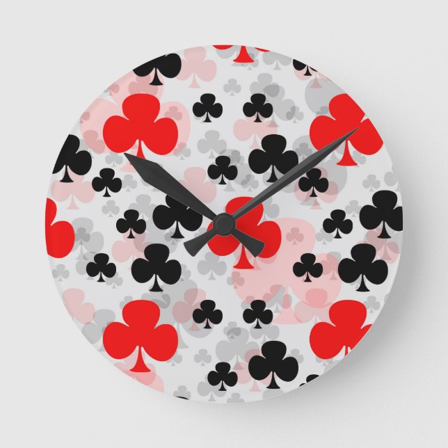 Red Black Clover Club Abstract Pattern Design Round Clock (Front)