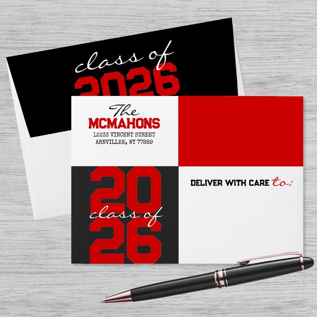 Red & Black Colour Block Return Address Graduation Envelope (Matching Envelopes, Return Address Labels & Envelope Seals)