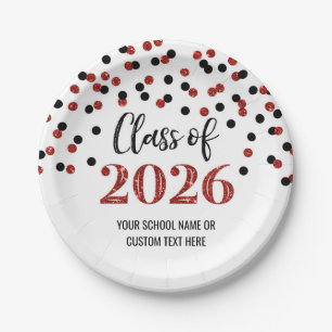 Red Black Confetti Graduation 2026 Paper Plate