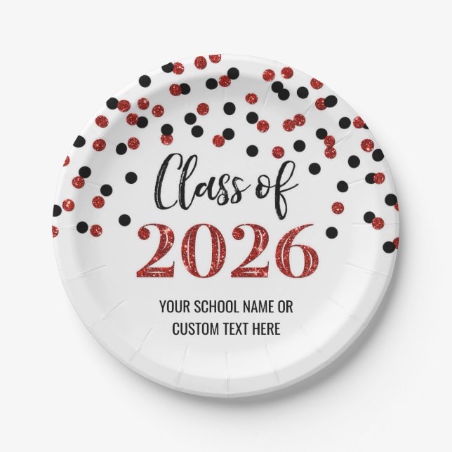 Red Black Confetti Graduation 2026 Paper Plate (Front)