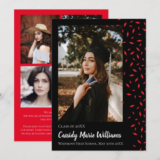 Red Black Confetti Graduation Announcement (Front/Back)